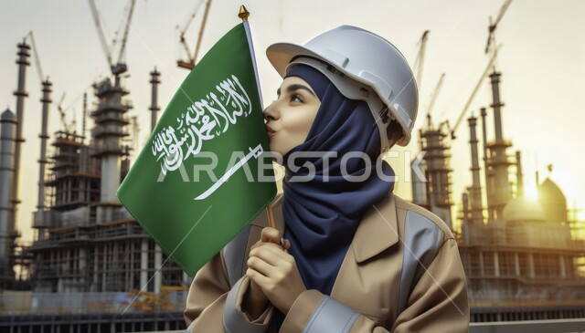 Working in the engineering sector, loyalty and devotion to the country, engineering professions and jobs, 3D drawing of a smiling veiled Saudi Arabian Gulf female engineer wearing a protective helmet kissing the Saudi flag, factory background