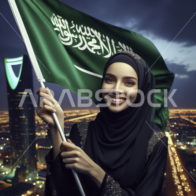 ذكرى اليوم الوطني 23 سبتمبر،  النظر الى الكاميرا بايماءات وجه تدل على السعاده ،رفع راية التوحيد والسلام، الإحتفال بالمناسبات والاعياد الوطنية، مفهوم الفخر والاعتزاز بإنجازات البلاد، صورة مقربة لفتاة محجبه عربية خليجية سعودية تحمل بيدها علم السعودية، خلفية ابراج الرياض