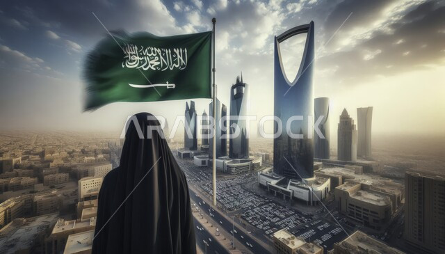 التقدم والنمو العمراني للأبراج وناطحات السحاب، الاحتفال بذكرى العيد الوطني السعودي 23 سبتمبر، صورة مقربة من الخلف لإمرأة عربية سعودية خليجية محجبه ترتدي العباءه تنظر الى المعالم السياحية  في مدينة الرياض,  , علم يرفرف في سماء المملكة
