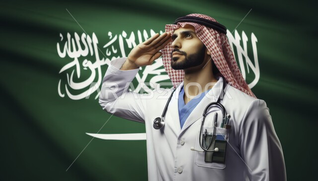 العمل في قطاع الرعاية الصحية، الفخر والاعتزاز بانجازات المملكة، صورة مقربة لطبيب عربي خليجي سعودي يرتدي المعطف والسماعة الطبية و يقوم بتحية العلم، مهن ووظائف طبية، استذكار اليوم الوطني السعودي في 23 سبتمبر، خلفية راية التوحيد والسلام