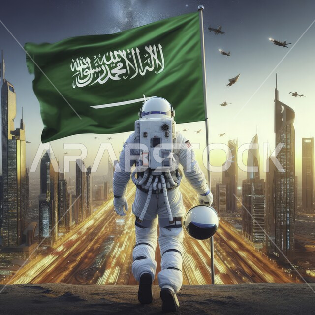 شعار وراية التوحيد والإسلام يرفرف في السماء ،الفخر بانجازات البلاد، رحلة السعودية الى العالم الفضائي، صورة مقربة من الخلف لرجل عربي خليجي سعودي يرتدي بدلة الفضاء يحمل بيده الخوذه ،  ذكرى يوم العلم 11 مارس، الأبراج وناطحات السحاب في مدن المملكة