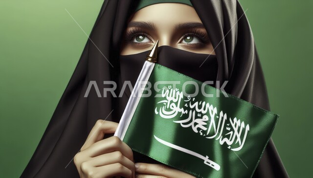الاحتفال بذكرى العيد الوطني السعودي 23 سبتمبر, مفهوم حب الوطن والانتماء إليه، صورة مقربة لإمرأة عربية سعودية خليجية ترتدي العباءة السوداء والنقاب تحمل بيدها علم المملكة، يوم العلم 11 مارس . خلفيه خضراء كروما