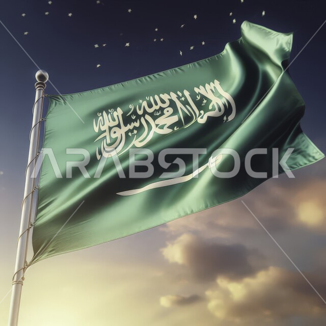 راية التوحيد والإسلام وشعار الهوية الوطنية، الاحتفال بيوم العلم السعودي 11 مارس، رمز المملكة العربية السعودية، ذكرى اليوم الوطني 23 سبتمبر، صورة مقربة لعلم السعودية مرفرف في السماء في وقت النهار، خلفية السماء المليئة بالغيوم البيضاء