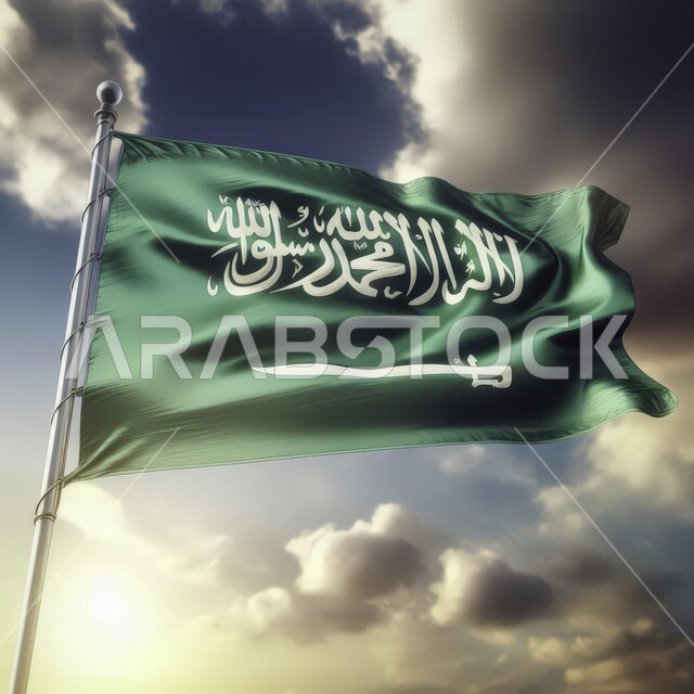 الاحتفال بيوم العلم السعودي 11 مارس، راية التوحيد والإسلام وشعار الهوية الوطنية، رمز المملكة العربية ، ذكرى اليوم الوطني 23 سبتمبر، صورة مقربة لعلم مرفرف في السماء في وقت النهار، خلفية السماء المليئة بالغيوم البيضاء