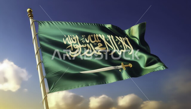 راية التوحيد والإسلام وشعار الهوية الوطنية، الاحتفال بيوم العلم السعودي 11 مارس، رمز المملكة العربية ، ذكرى اليوم الوطني 23 سبتمبر، صورة مقربة لعلم  مرفرف في السماء في وقت النهار، خلفية السماء المليئة بالغيوم البيضاء