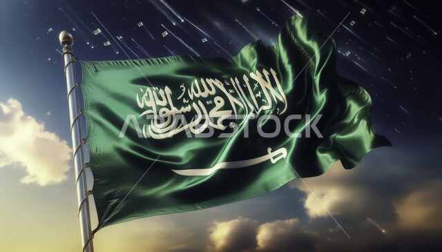 الاحتفال بيوم العلم السعودي 11 مارس، راية التوحيد والإسلام وشعار الهوية الوطنية، رمز المملكة العربية ، ذكرى اليوم الوطني 23 سبتمبر، صورة مقربة لعلم  مرفرف في السماء في وقت النهار، خلفية السماء المليئة بالغيوم البيضاء