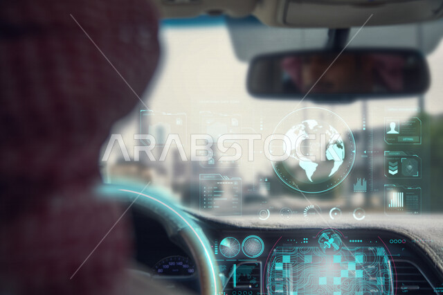 صورة مقربة لرجل عربي خليجي سعودي، يقود سيارة متطورة بتقنيات تكنولوجية حديثة بتقنية هولوجرام ثلاثية الابعاد، نظام التحكم الذاتي، القيادة الذكية عن بعد