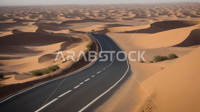  طريق اسفلتي معبد وسط الرمال الذهبية الناعمة، التلال والكثبان الرملية على أطراف الشارع في المناطق الصحراوية، ضواحي وصحاري المملكة العربية السعودية، تهيئة البنية التحتية  وطرقات السفر السريعة، الاهتمام بالزراعة والنباتات الخضراء