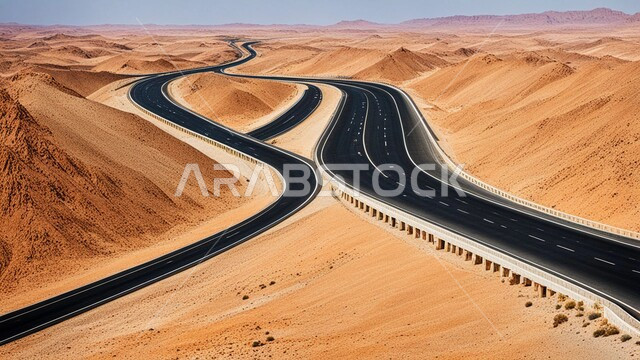 Preparing infrastructure and expressways, paved asphalt road in the middle of soft golden sand, hills and sand dunes on the sides of the road in desert areas, suburbs and deserts of the Kingdom of Saudi Arabia