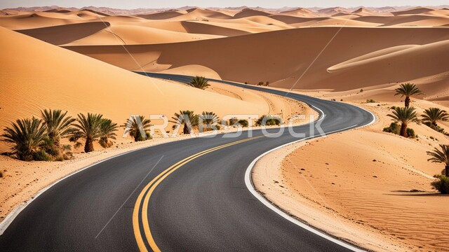  طريق اسفلتي معبد وسط الرمال الذهبية الناعمة، التلال والكثبان الرملية على أطراف الشارع في المناطق الصحراوية، ضواحي وصحاري المملكة العربية السعودية، تهيئة البنية التحتية  وطرقات السفر السريعة، الاهتمام بالزراعة والنباتات الخضراء