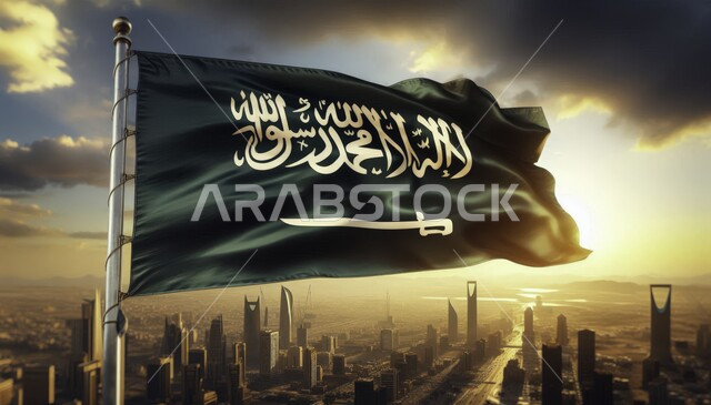 ذكرى العيد الوطني 23 سبتمبر، الاحتفال بيوم العلم السعودي 11 مارس، رمز وشعار وهوية الوطن، الفخر والاعتزاز بانجازات البلد،التقدم والتطور العمراني في البلاد، ناطحات السحاب والابراج في مدن المملكة العربية ، صورة مقربة لعلم مرفرف في السماء