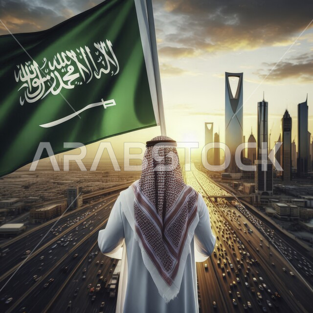 تعزيز مفهوم الوحدة الوطنية, رفع العلم السعودي في السماء بفخر واعتزاز, رجل عربي خليجي سعودي يرتدي الزي التقليدي والشماغ يحمل راية التوحيد والإسلام ينظر الى المعالم السياحية المشهورة في مدينة الرياض, , المشاركة بذكرى العيد الوطني 23 سبتمبر