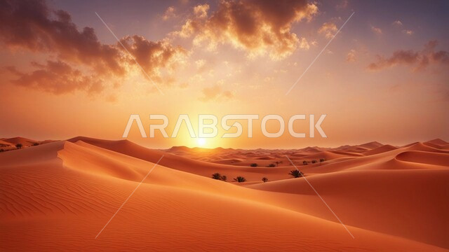 المناظر الطبيعية والرمال الذهبية الناعمة في الصحراء، القمم والمرتفعات الجبلية وقت غروب الشمس، السماء المليئة بالغيوم، نمو النباتات الشوكية في المناخ الصحراوي الجاف والقاسي، التلال الرملية والتضاريس الصحراوية الطبيعية في المملكة العربية السعودية