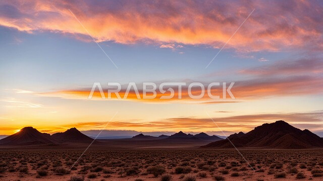 نمو النباتات الشوكية في المناخ الصحراوي الجاف والقاسي، التلال الرملية والتضاريس الصحراوية الطبيعية في المملكة العربية السعودية, المناظر الطبيعية والرمال الذهبية الناعمة في الصحراء، القمم والمرتفعات الجبلية وقت غروب الشمس، السماء المليئة بالغيوم