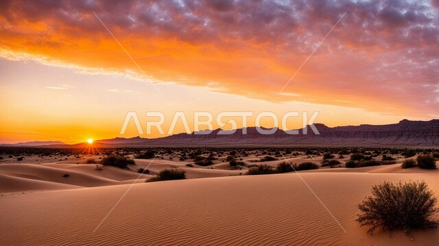 التلال الرملية والتضاريس الصحراوية الطبيعية في المملكة العربية السعودية, المناظر الطبيعية والرمال الذهبية الناعمة في الصحراء، القمم والمرتفعات الجبلية وقت غروب الشمس، السماء المليئة بالغيوم، نمو النباتات الشوكية في المناخ الصحراوي الجاف والقاسي