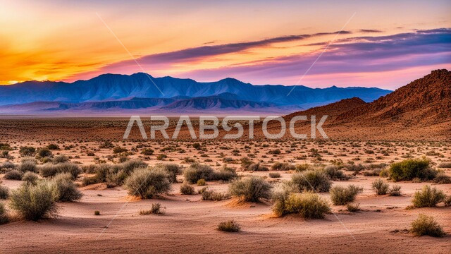 Thorny plants growing in the dry and harsh desert climate, sand dunes and natural desert terrain in Saudi Arabia, landscape and soft golden sand in the desert, mountain peaks and heights at sunset, sky full of clouds