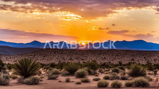 Thorny plants growing in the dry and harsh desert climate, sand dunes and natural desert terrain in Saudi Arabia, landscape and soft golden sand in the desert, mountain peaks and heights at sunset, sky full of clouds
