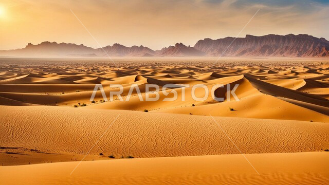االهضاب و التلال من الرمال الذهبية الناعمة، التكوينات والتشكلات الرملية في صحراء المملكة العربية السعودية، مناطق البادية والبيئة الطبيعية الصحراوية عند غروب الشمس، التضاريس و المرتفعات والقمم الجبلية في البراري