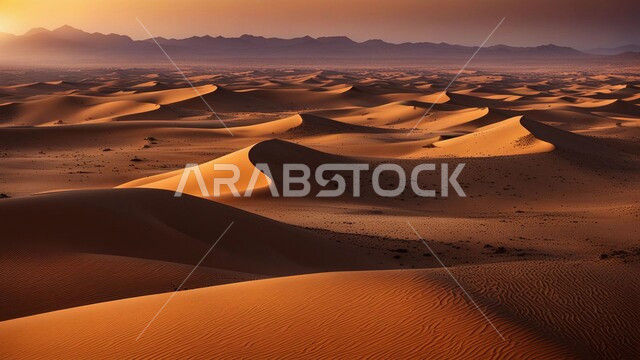 االهضاب و التلال من الرمال الذهبية الناعمة، التكوينات والتشكلات الرملية في صحراء المملكة العربية السعودية، مناطق البادية والبيئة الطبيعية الصحراوية عند غروب الشمس، التضاريس و المرتفعات والقمم الجبلية في البراري