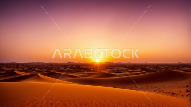 Plateaus and hills of soft golden sand, sand formations and formations in the desert of Saudi Arabia, desert areas and desert natural environment at sunset, terrain and heights and mountain peaks in the wilderness