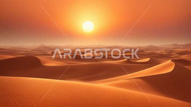 التضاريس و المرتفعات والقمم الجبلية في البراري، الهضاب و التلال من الرمال الناعمة، التكوينات والتشكلات الرملية في صحراء المملكة العربية السعودية، مناطق البادية والبيئة الطبيعية الصحراوية عند غروب الشمس