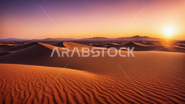 التضاريس و المرتفعات والقمم الجبلية في البراري، الهضاب و التلال من الرمال الناعمة، التكوينات والتشكلات الرملية في صحراء المملكة العربية السعودية، مناطق البادية والبيئة الطبيعية الصحراوية عند غروب الشمس