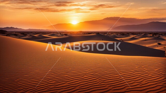 التضاريس و المرتفعات والقمم الجبلية في البراري، الهضاب و التلال من الرمال الناعمة، التكوينات والتشكلات الرملية في صحراء المملكة العربية السعودية، مناطق البادية والبيئة الطبيعية الصحراوية عند غروب الشمس