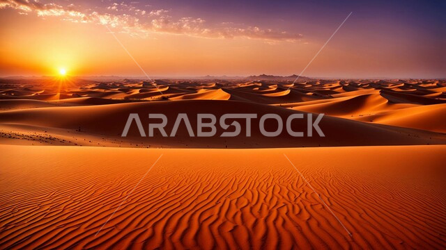مناطق البادية والبيئة الطبيعية الصحراوية، السماء المليئة بالغيوم عند غروب الشمس، التضاريس و المرتفعات والقمم الجبلية في البراري، الهضاب و التلال من الرمال الذهبية الناعمة، التكوينات والتشكلات الرملية في صحراء المملكة العربية السعودية