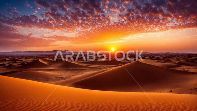 مناطق البادية والبيئة الطبيعية الصحراوية، السماء المليئة بالغيوم عند غروب الشمس، التضاريس و المرتفعات والقمم الجبلية في البراري، الهضاب و التلال من الرمال الذهبية الناعمة، التكوينات والتشكلات الرملية في صحراء المملكة العربية السعودية