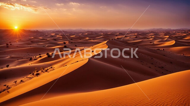 المناظر الطبيعية والرمال الذهبية الناعمة في الصحراء، القمم والمرتفعات الجبلية وقت غروب الشمس، نمو النباتات الشوكية في المناخ الصحراوي الجاف والقاسي، التلال الرملية والتضاريس الصحراوية الطبيعية في المملكة العربية السعودية