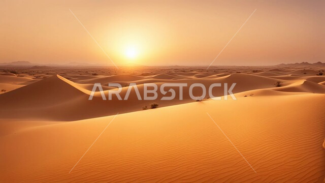 القمم والمرتفعات الجبلية وقت غروب الشمس، نمو النباتات الشوكية في المناخ الصحراوي الجاف والقاسي، التلال الرملية والتضاريس الصحراوية الطبيعية في المملكة العربية السعودية، المناظر الطبيعية والرمال الذهبية الناعمة في الصحراء