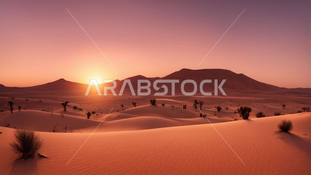 القمم والمرتفعات الجبلية وقت غروب الشمس، نمو النباتات الشوكية في المناخ الصحراوي الجاف والقاسي، التلال الرملية والتضاريس الصحراوية الطبيعية في المملكة العربية السعودية، المناظر الطبيعية والرمال الذهبية الناعمة في الصحراء