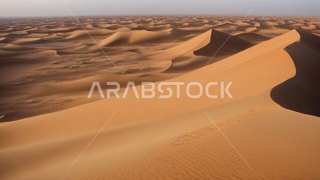 الجو الجاف والقاسي في الأراضي القاحلة، البيئة الرملية في وقت النهار، الهضاب والتلال في المناطق الطبيعية الصحراوية، الكثبان والرمال الذهبية الناعمة في صحراء المملكة العربية السعودية