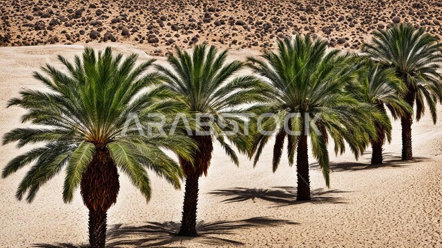 أشجار النخيل الخضراء وسط البيئة الرملية الذهبيه في المناطق الصحراوية, محاصيل ومنتجات زراعية محلية, المحميات الطبيعية في المملكة العربية السعودية, الهضاب والتلال والكثبان الرملية الناعمة في الصحراء