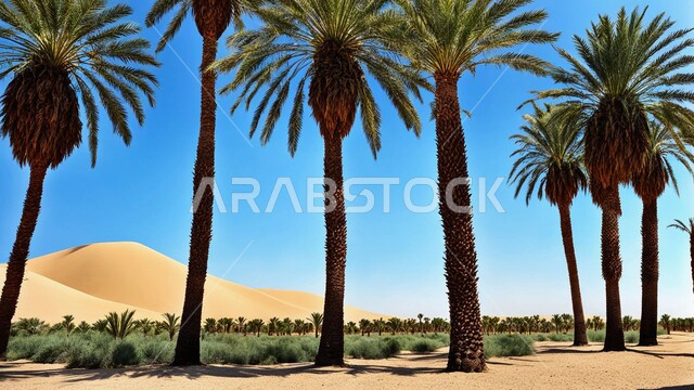 أشجار النخيل الخضراء وسط البيئة الرملية الذهبيه في المناطق الصحراوية, محاصيل ومنتجات زراعية محلية, المحميات الطبيعية في المملكة العربية السعودية, الهضاب والتلال والكثبان الرملية الناعمة في الصحراء