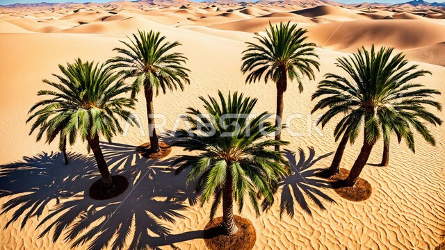 أشجار النخيل الخضراء وسط البيئة الرملية الذهبيه في المناطق الصحراوية, محاصيل ومنتجات زراعية محلية, المحميات الطبيعية في المملكة العربية السعودية, الهضاب والتلال والكثبان الرملية الناعمة في الصحراء