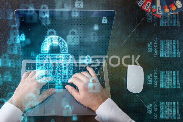 صورة مقربة ليد رجل عربي خليجي سعودي، الدخول الامن، مفهوم خصوصية بيانات المستخدم، حماية بيانات الأمن السيبراني، الحفاظ على البيانات الشخصية للمستخدمين، أنظمة التكنولوجيا الفائقة