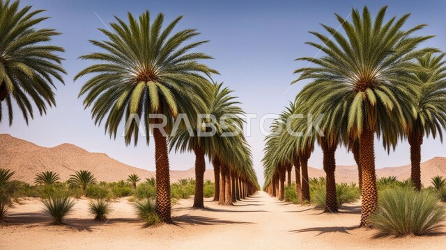 أشجار النخيل الخضراء وسط البيئة الرملية الذهبيه في المناطق الصحراوية, محاصيل ومنتجات زراعية محلية, المحميات الطبيعية في المملكة العربية السعودية, الهضاب والتلال والكثبان الرملية الناعمة في الصحراء