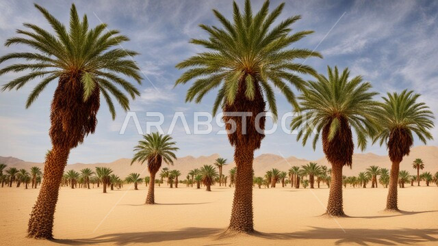 أشجار النخيل الخضراء وسط البيئة الرملية الذهبيه في المناطق الصحراوية, محاصيل ومنتجات زراعية محلية, المحميات الطبيعية في المملكة العربية السعودية, الهضاب والتلال والكثبان الرملية الناعمة في الصحراء