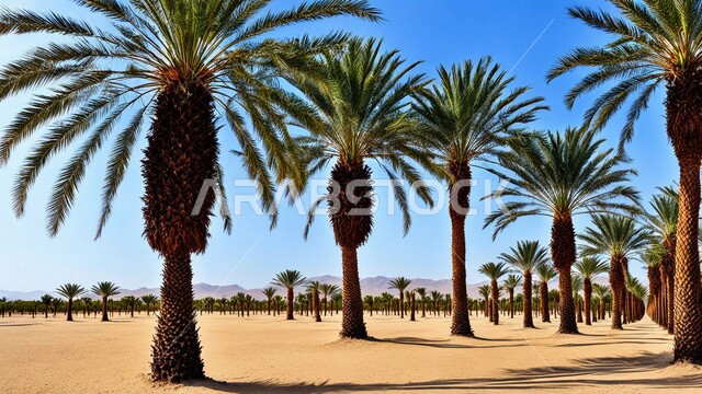 أشجار النخيل الخضراء وسط البيئة الرملية الذهبيه في المناطق الصحراوية, محاصيل ومنتجات زراعية محلية, المحميات الطبيعية في المملكة العربية السعودية, الهضاب والتلال والكثبان الرملية الناعمة في الصحراء