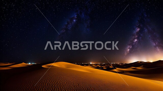 الرمال الذهبية الناعمة والبيئة الصحراوية في المناطق البرية، التلال والكثبان الرملية في الصحراء العربية، التضاريس والمرتفعات في المملكة العربية السعوية، مشهد لمجرة درب التبانة والنجوم اللامعة في السماء ليلا
