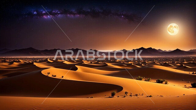 Soft golden sand and desert environment in the wilderness areas, hills and sand dunes in the Arabian Desert, terrain and highlands in the Kingdom of Saudi Arabia, view of the Milky Way and bright stars in the night sky