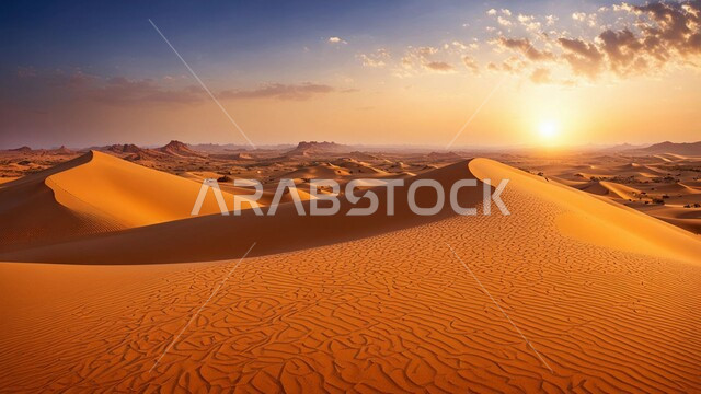 التشكيلات الرملية في صحراء المملكة العربية السعودية, الرمال الذهبية الناعمة والكثبان الرملية في مناطق الطبيعة الصحراوية، منظر غروب الشمس وسط الصحاري، خلفية الطبيعه