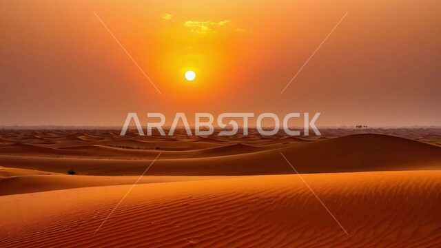 التشكيلات الرملية في صحراء المملكة العربية السعودية, الرمال الذهبية الناعمة والكثبان الرملية في مناطق الطبيعة الصحراوية، منظر غروب الشمس وسط الصحاري، خلفية الطبيعه