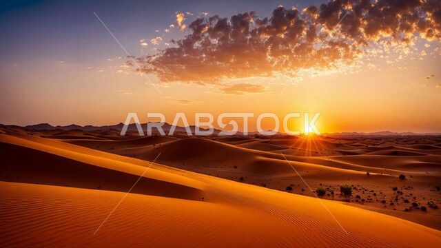 التشكيلات الرملية في صحراء المملكة العربية السعودية, الرمال الذهبية الناعمة والكثبان الرملية في مناطق الطبيعة الصحراوية، منظر غروب الشمس وسط الصحاري، خلفية الطبيعه