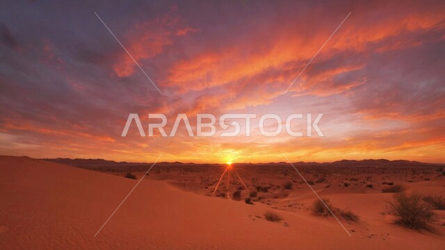 التكوينات والتشكيلات الرملية في صحراء المملكة العربية السعودية، منظر غروب الشمس وسط الصحاري، الكثبان الرملية والرمال الذهبية الناعمة في مناطق الطبيعية الصحراوية، خلفية الطبيعه