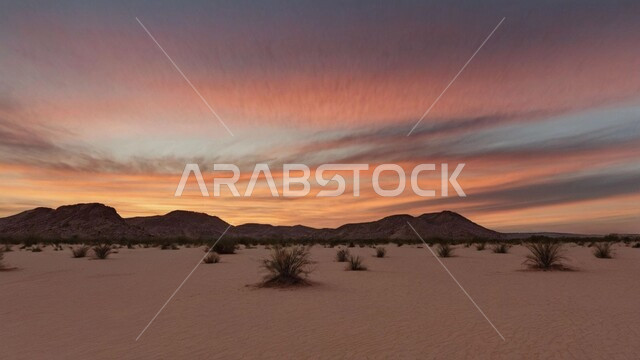 التكوينات والتشكيلات الرملية في صحراء المملكة العربية السعودية، منظر غروب الشمس وسط الصحاري، الكثبان الرملية والرمال الذهبية الناعمة في مناطق الطبيعية الصحراوية، خلفية الطبيعه