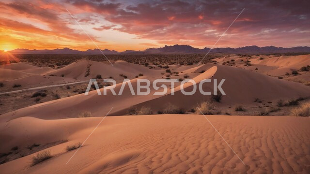 التكوينات والتشكيلات الرملية في صحراء المملكة العربية السعودية، منظر غروب الشمس وسط الصحاري، الكثبان الرملية والرمال الذهبية الناعمة في مناطق الطبيعية الصحراوية، خلفية الطبيعه