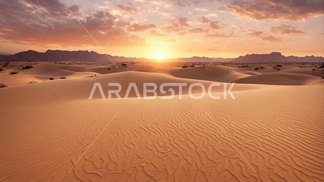 الكثبان الرملية والرمال الذهبية الناعمة في مناطق الطبيعية الصحراوية، التكوينات والتشكيلات الرملية في صحراء المملكة العربية السعودية، منظر غروب الشمس وسط الصحاري، خلفية الطبيعه