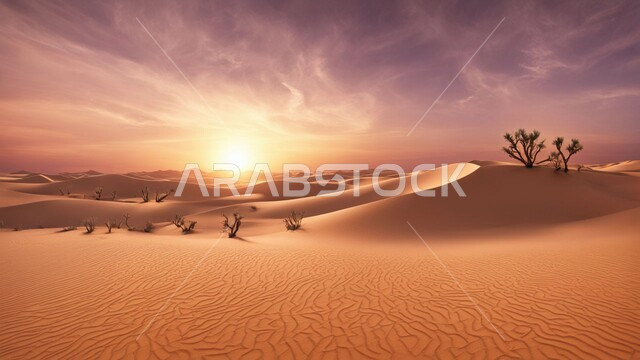 Sand formations and formations in the desert of Saudi Arabia, sunset view in the middle of the desert, sand dunes and soft golden sand in the desert natural areas, nature background